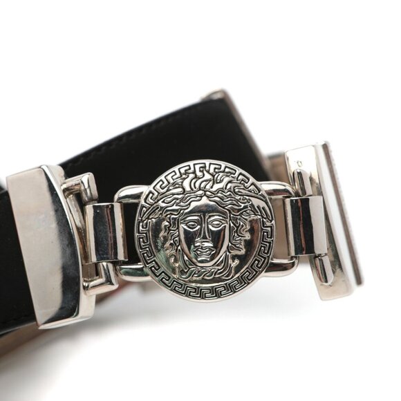 Vintage Avanti Leather Medusa Head Belt Silver Chain Black Italy Metal Hardware - Picture 2 of 13